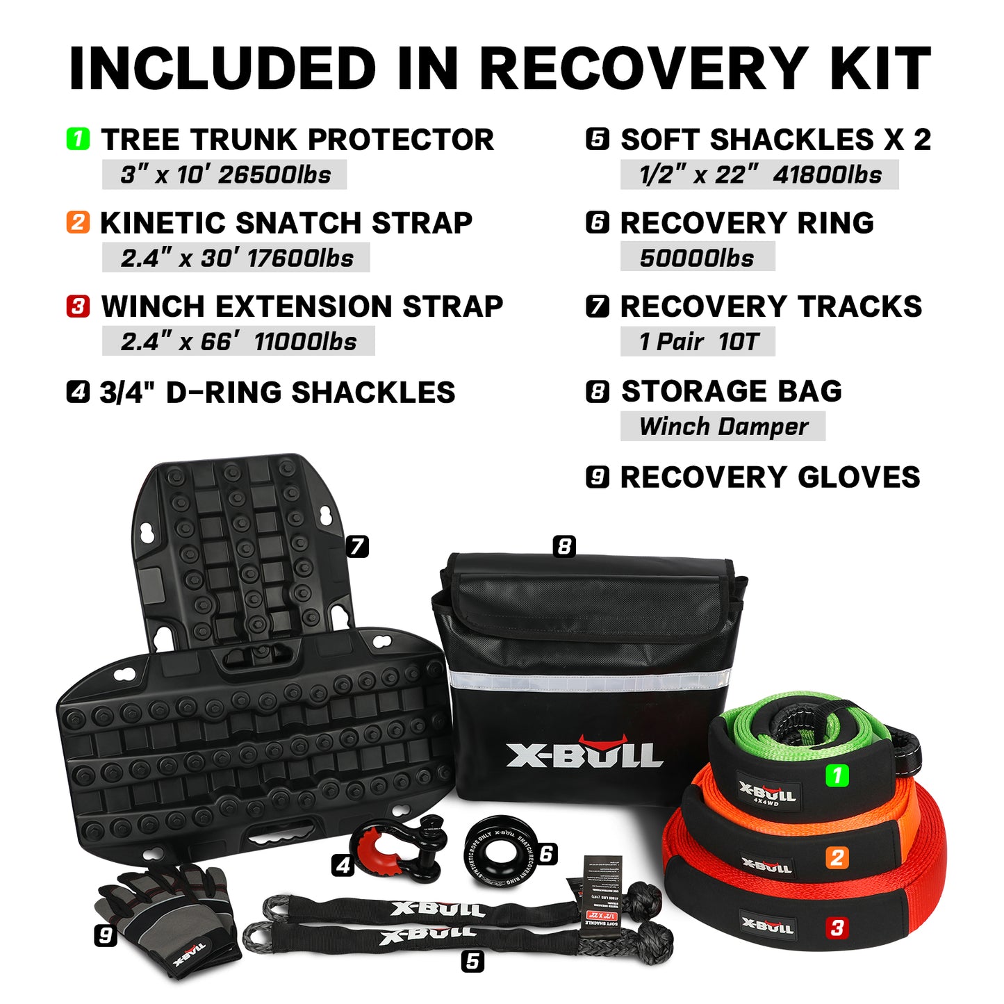 X-BULL 4WD Winch Recovery Kit 12Pcs Recovery Tracks Snatch Strap Soft Shackles Recovery Ring